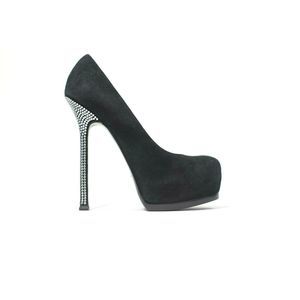 YSL Size 37 Black Tribute Two Crystal Heel Pumps